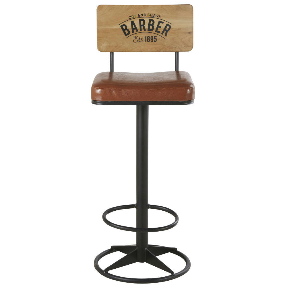 Harvey - Chaise de bar en métal noir et assise marron H75