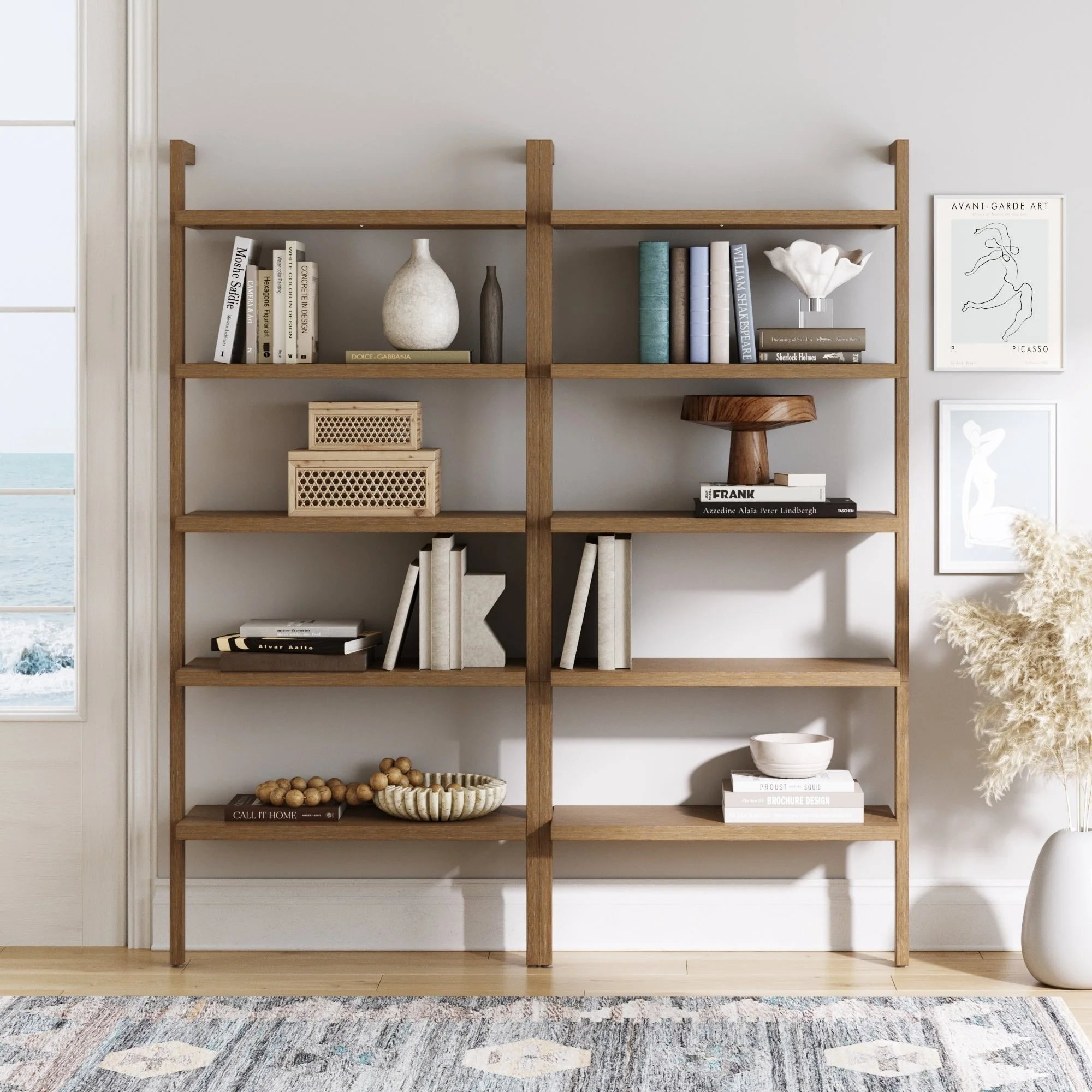 Beacon Boho Rustic 5 Tier Bookshelf, Wall Mounted Solid Wood Bookcase