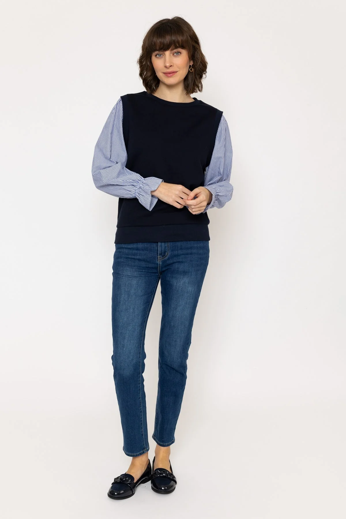Cotton Blend Contrast Sleeve Top in Navy