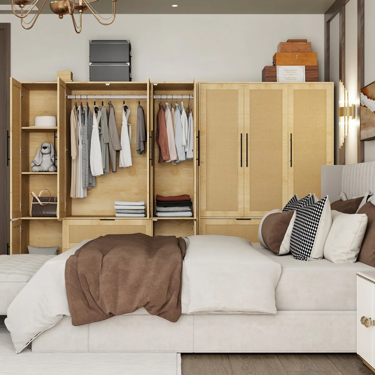 110W Rattan Style Family Wardrobe Armoire Closet Storage Set - N/A