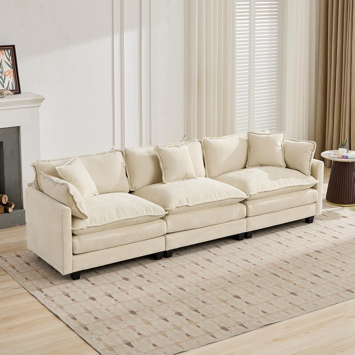 113.8 Modern Cozy Sectional Couches for Living Room, Beige Chenille Comfy Cloud Couch Sectional, 3 Seater Couch for Living Room, Sofas para Sala, I Shaped Sofas & Couches (Beige, 3+0 Set)