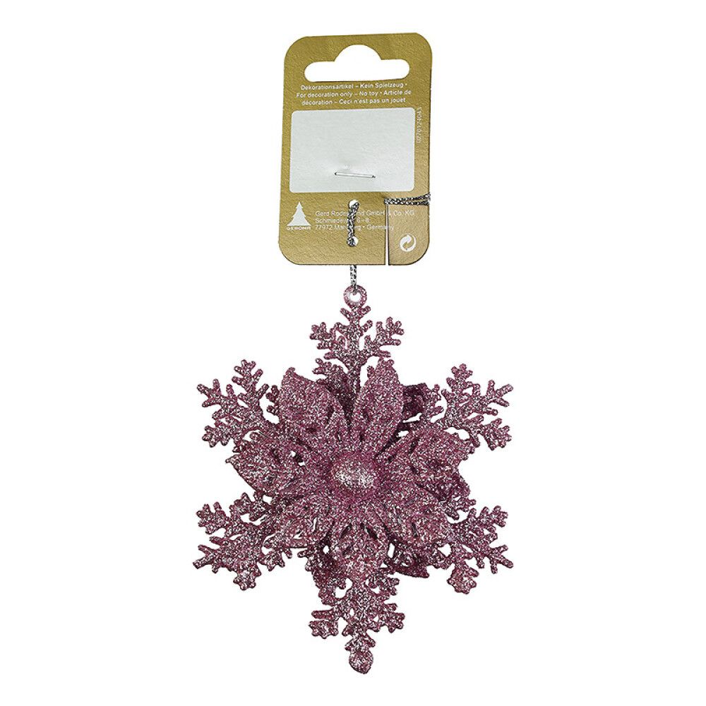 JULETREPYNT BLOMST PÅ SNØFNUGG GLITTER 10CM ROSA
