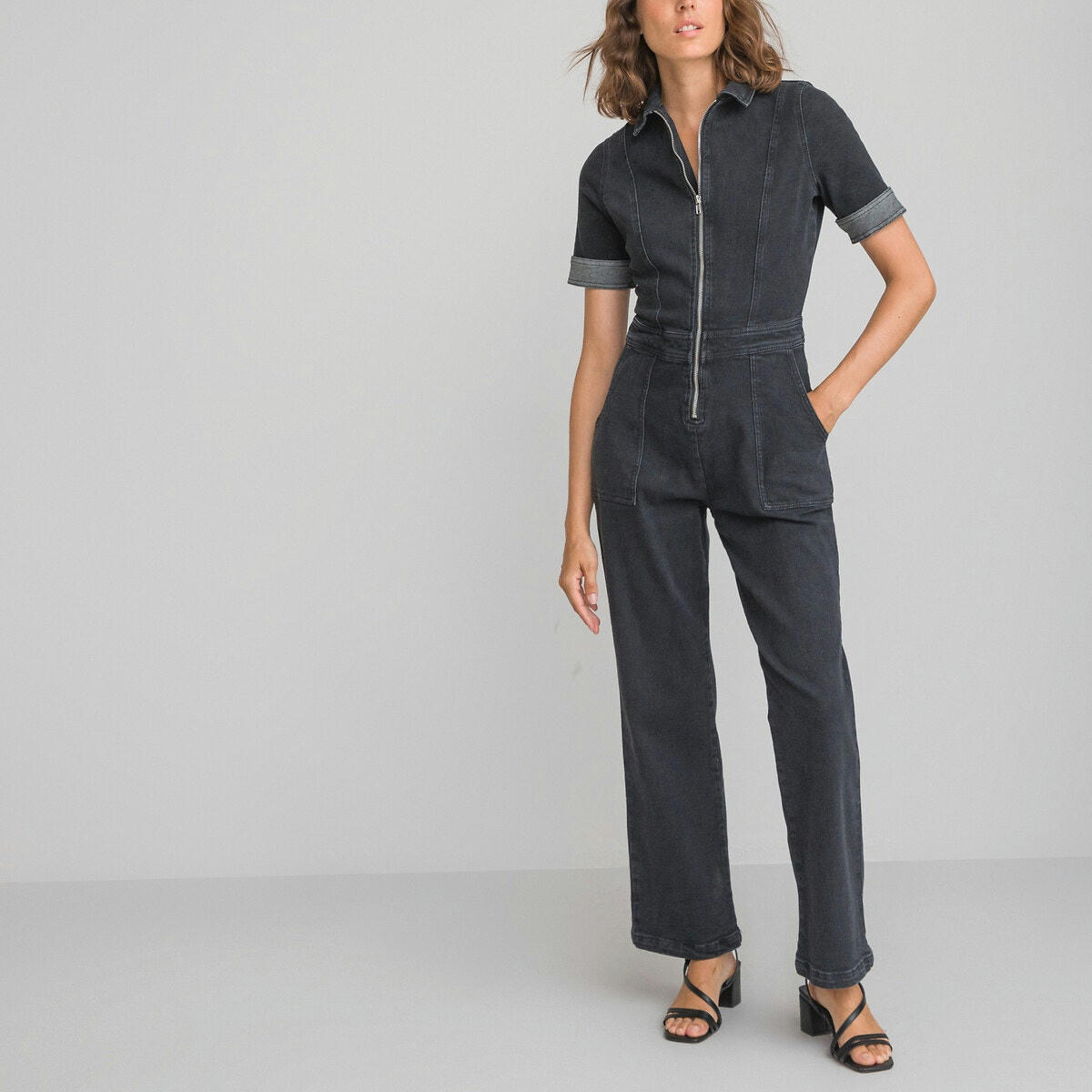 Combinaison pantalon flare zippée, en denim
