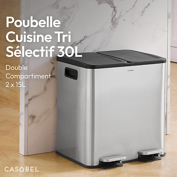CASABEL Poubelle Cuisine Double 2x15L en Acier Inoxydable, Anti-Traces, avec Pédales et Couvercles Hermétiques pour Tri Sélectif