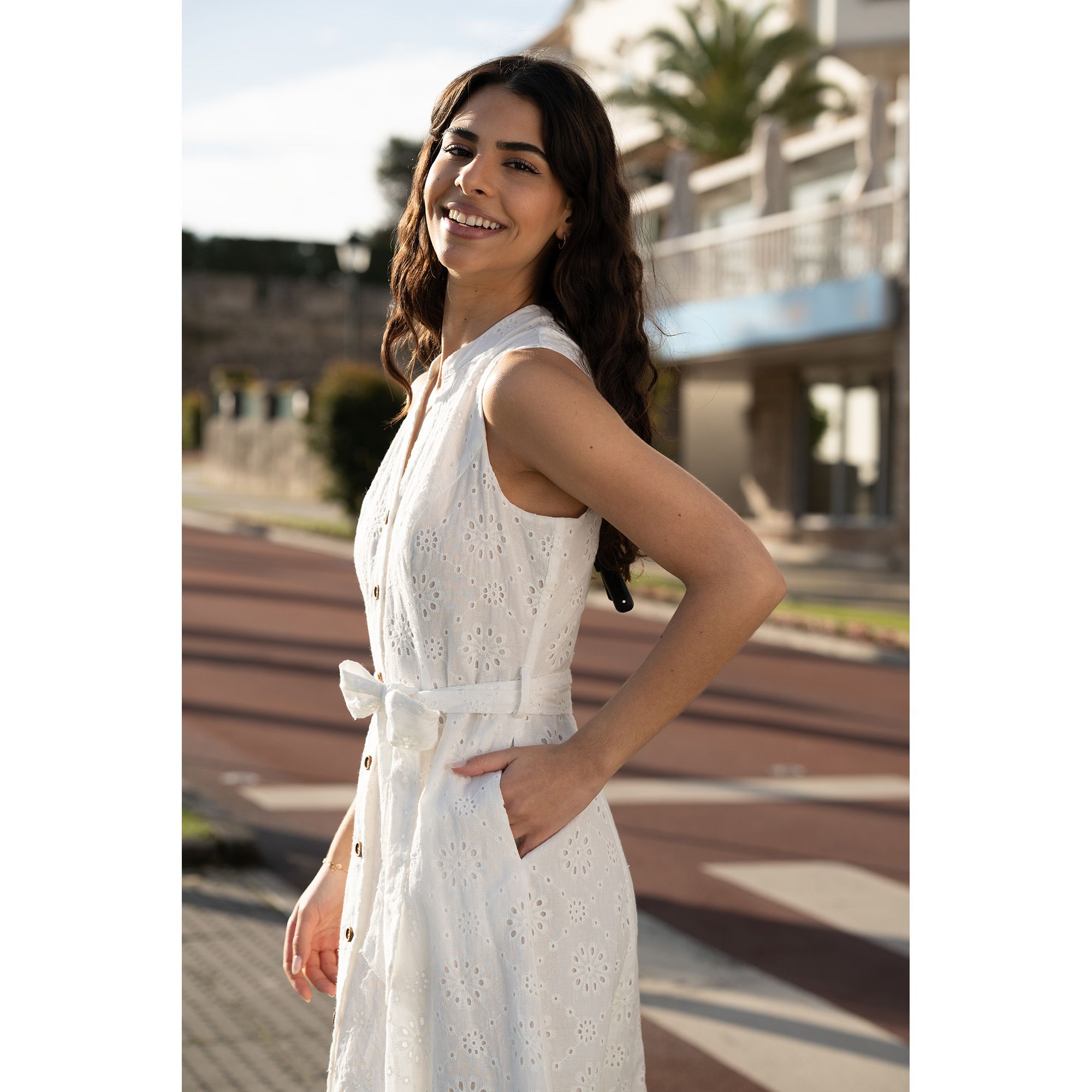 Yumi White Flower Broderie Anglaise Cotton Shirt Dress