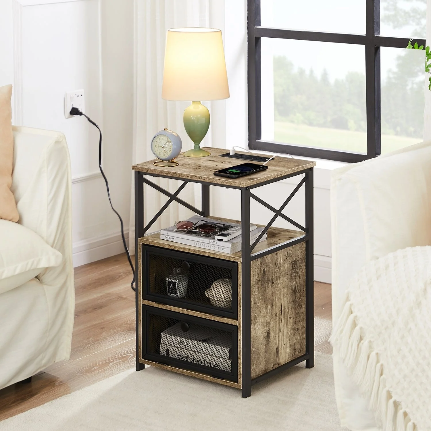VECELO, Mid-century Modern Nightstand with Charging Station and USB Port