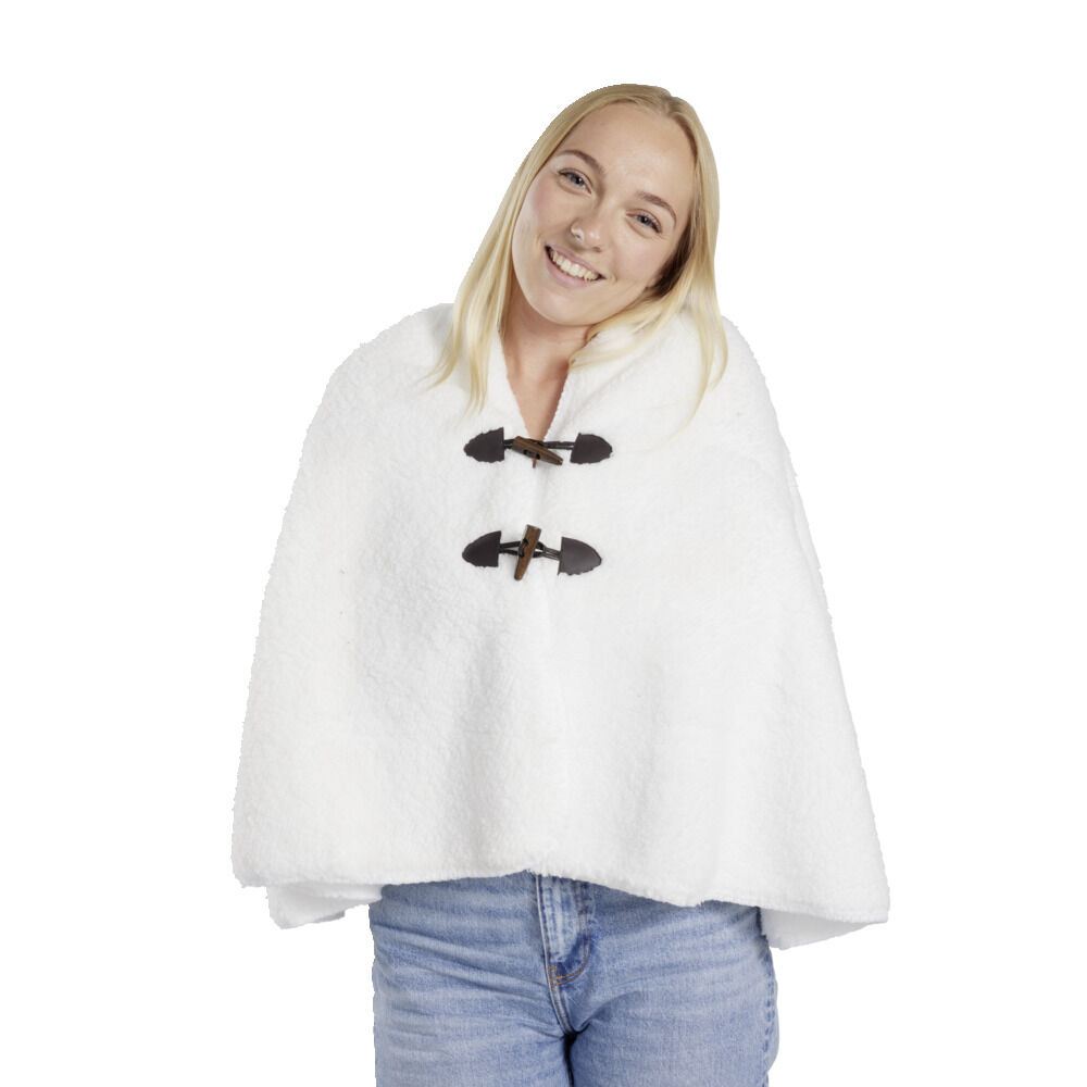 Veste plaid châle moutonné blanc 75x150cm avec boutons à brandebourg