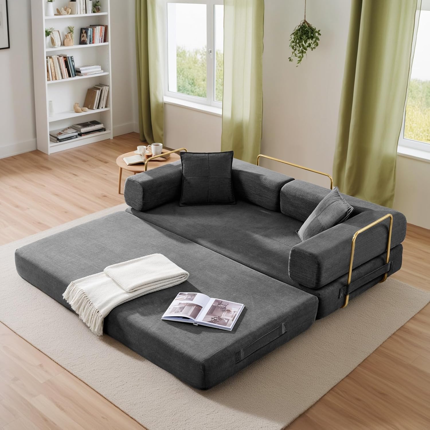 78 Convertible Futon Sofa Bed, 3-Seater Modern Corduroy Foam Floor King Size Bed Foldable Sleeper Lounge Loveseat Sofa Couch with 2 Throw Pillows for Living Room Bedroom Guest Room, Dark Grey