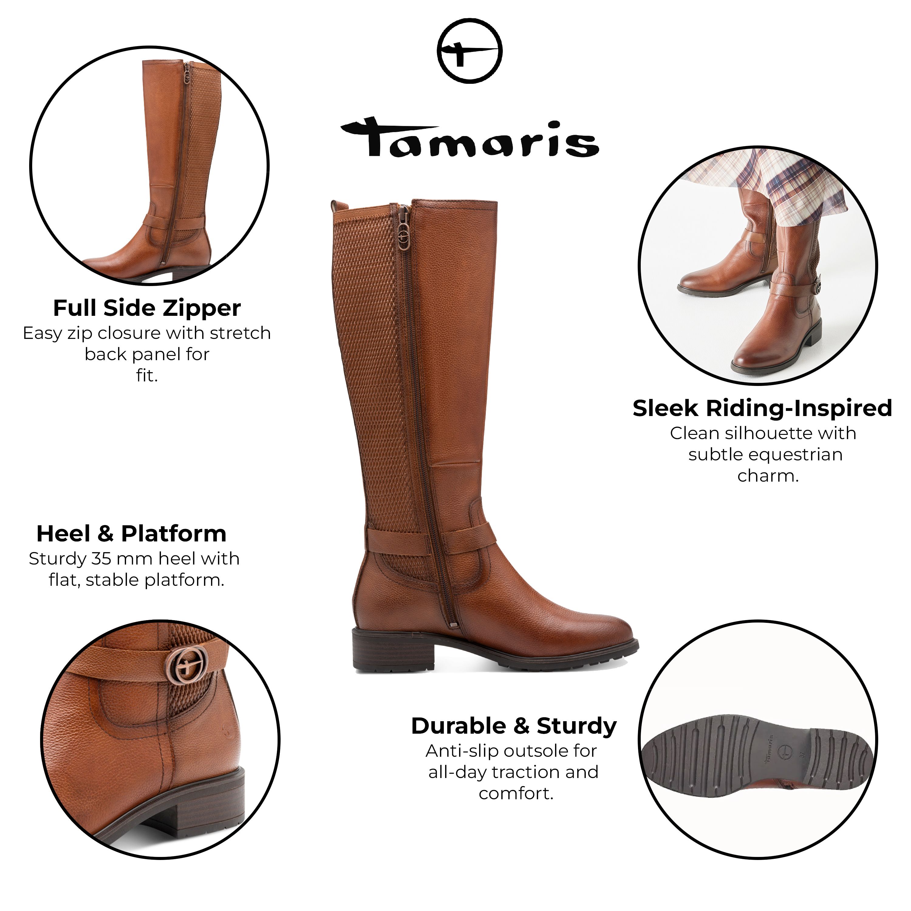 Infinity Leather Tamaris Cognac Tan Leather Knee High Riding Boots