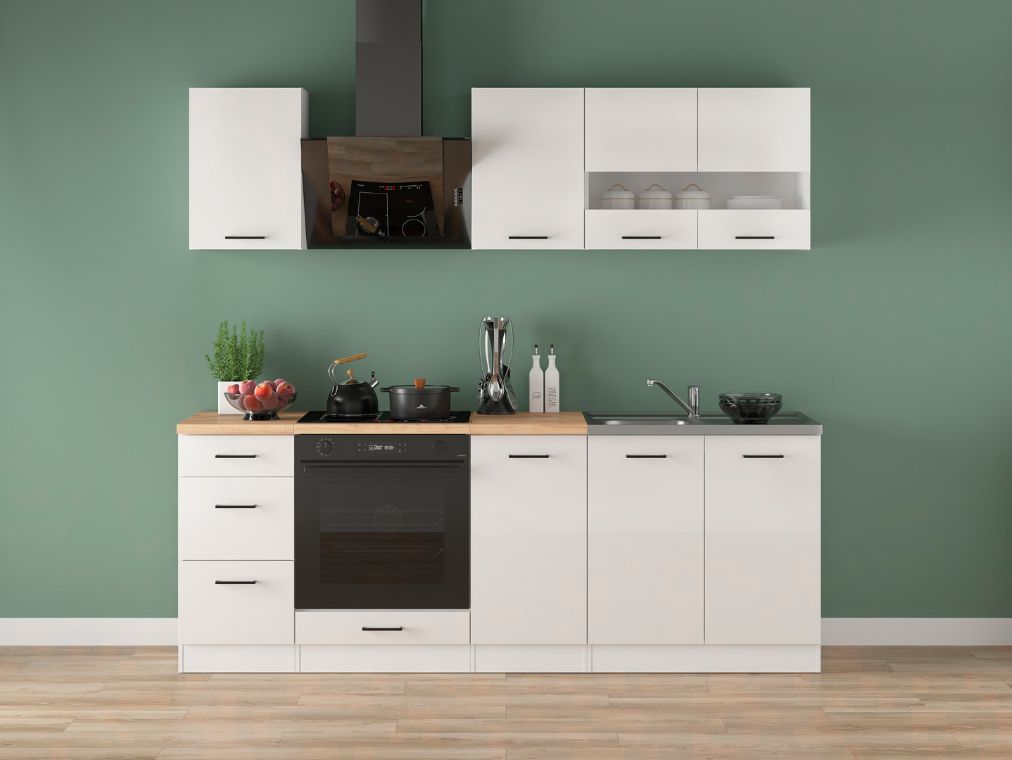 Komplet kuchenny Junona Line 220 cm kredowy połysk z blatem