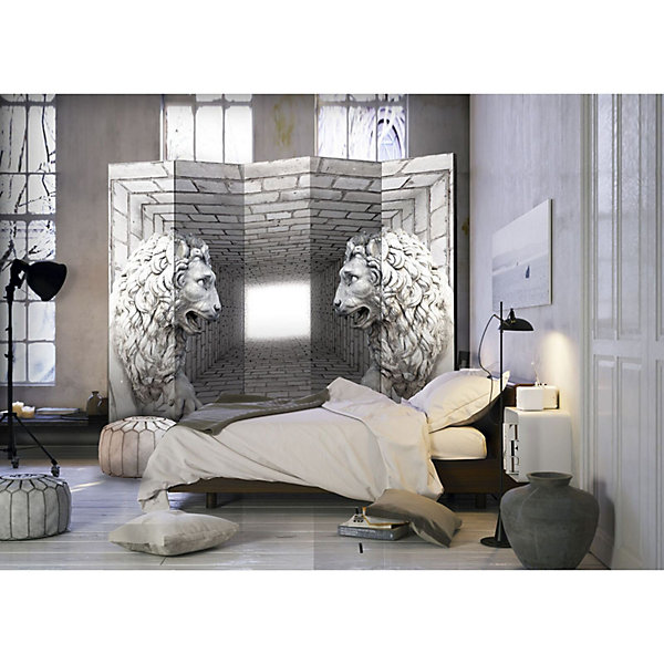 Paravent Lions de Pierre II Effet 3D - Déco Intérieur 225 x 172 cm Gris