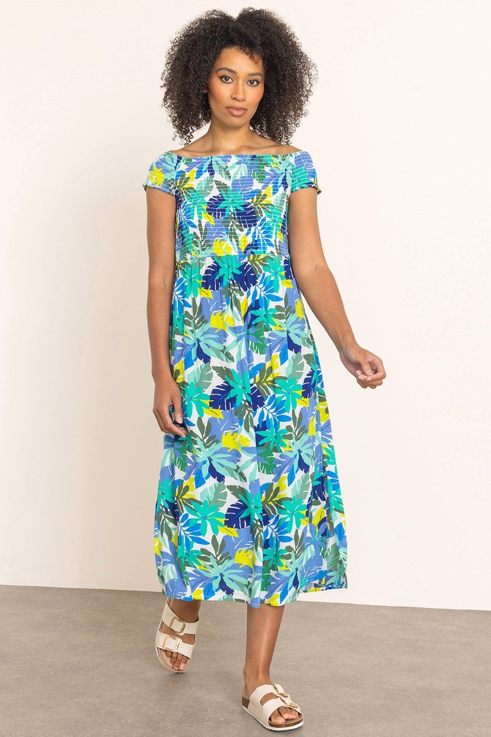 Klass. Leaf Print Smocked Bardot Midaxi Dress