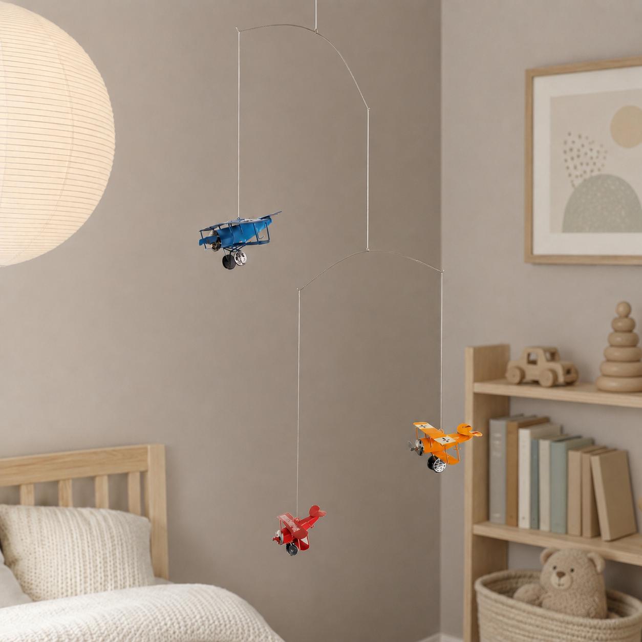 Vintage Biplane Mobile, Mondrian Style Kinetic Sculpture, Nursery Aviation Art