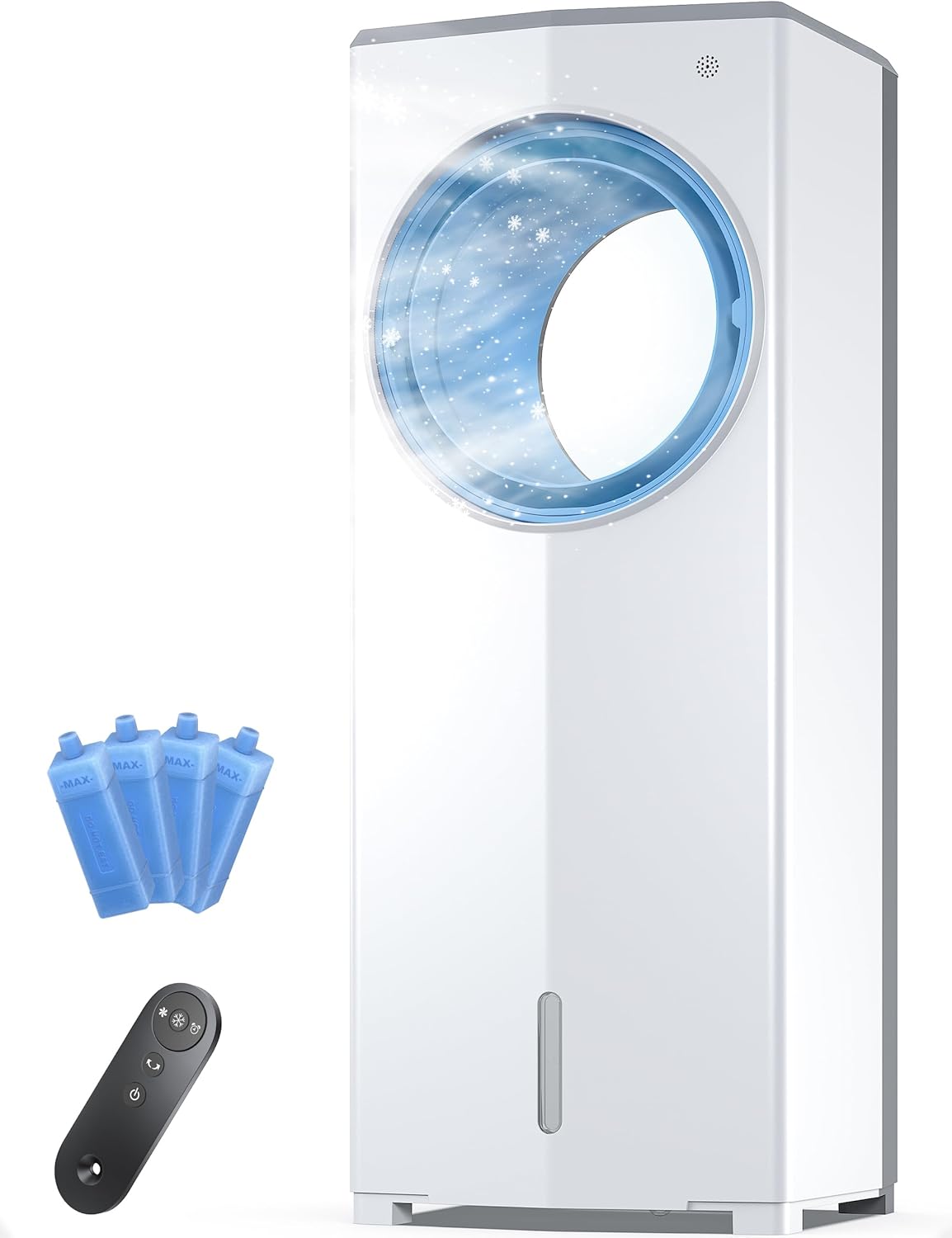 Windowless Portable Air Conditioner, 26.1 Small Evaporative Air Cooler for Room No Window, 3-Speed Settings, 4 Modes, 7H Timer, Remote Control, 4 Ice Packs, Quiet AC Unit for Bedroom, White