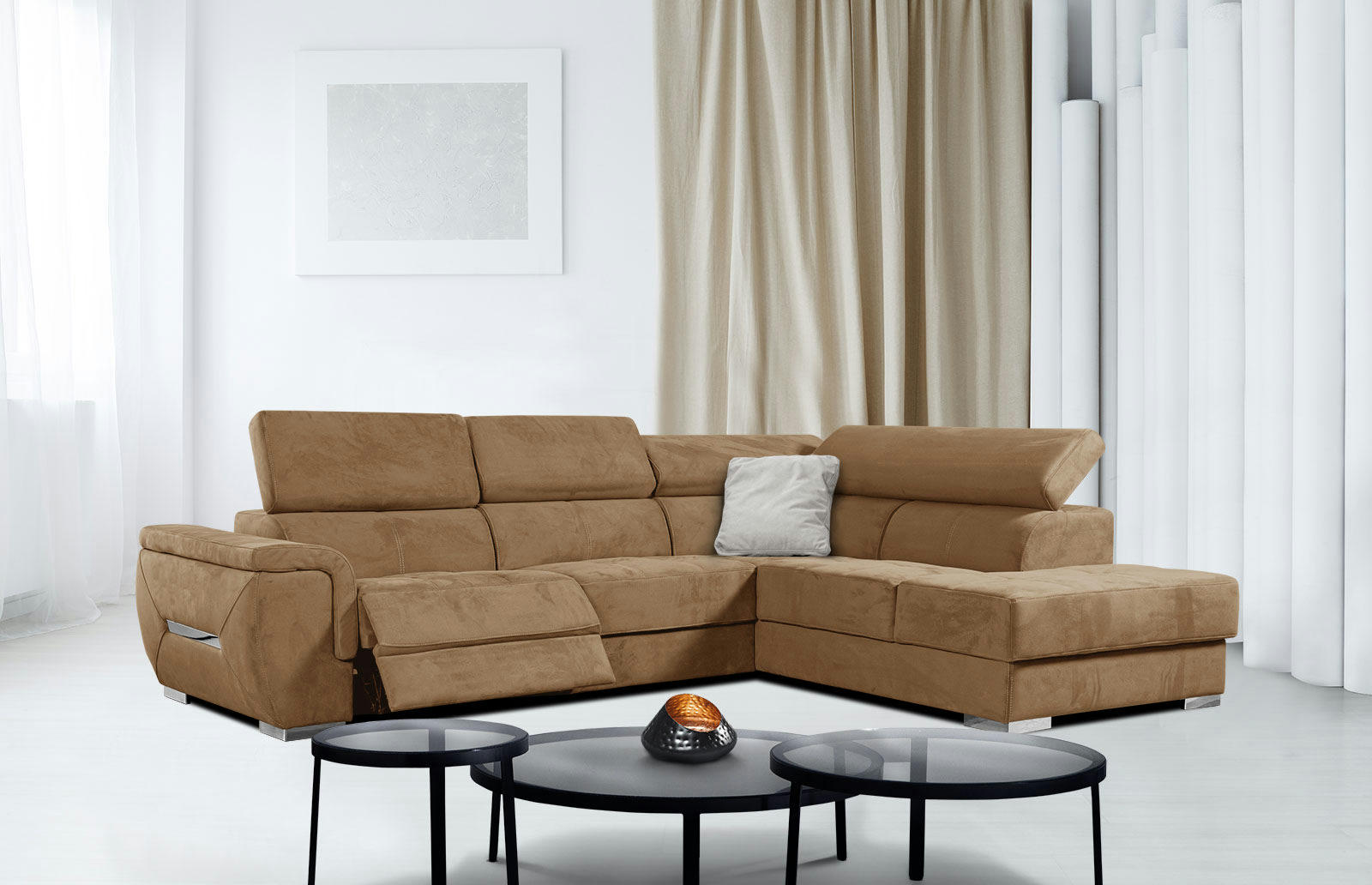 KELTE - Canapé d'angle droit 5 places avec une relaxation tissu marron noix