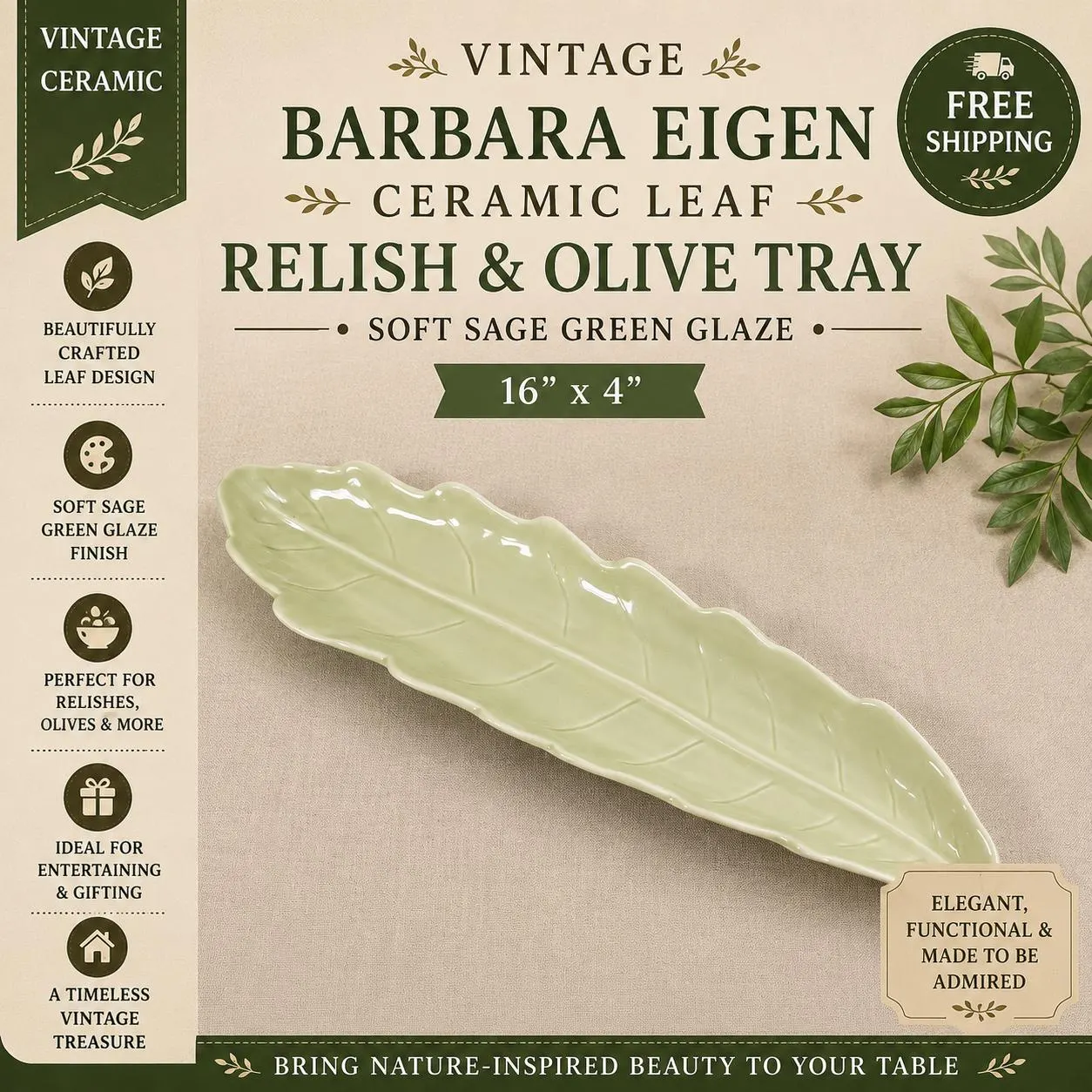 Barbara Eigen Ceramic Leaf Tray Vintage Sage Green Relish Olive Dish 16