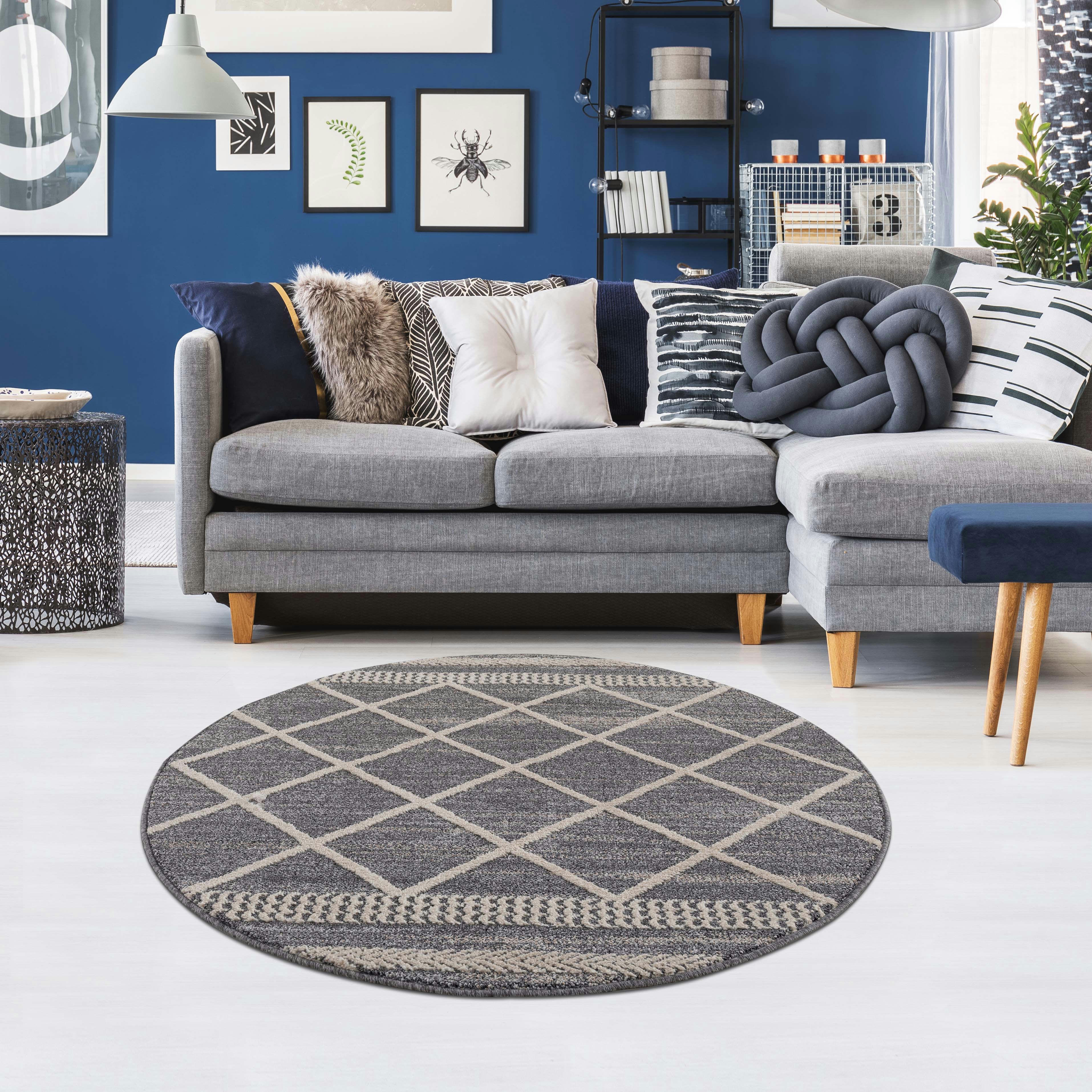 FLÄT - Tapis rond géométrique tressées gris et crème 120x120cm