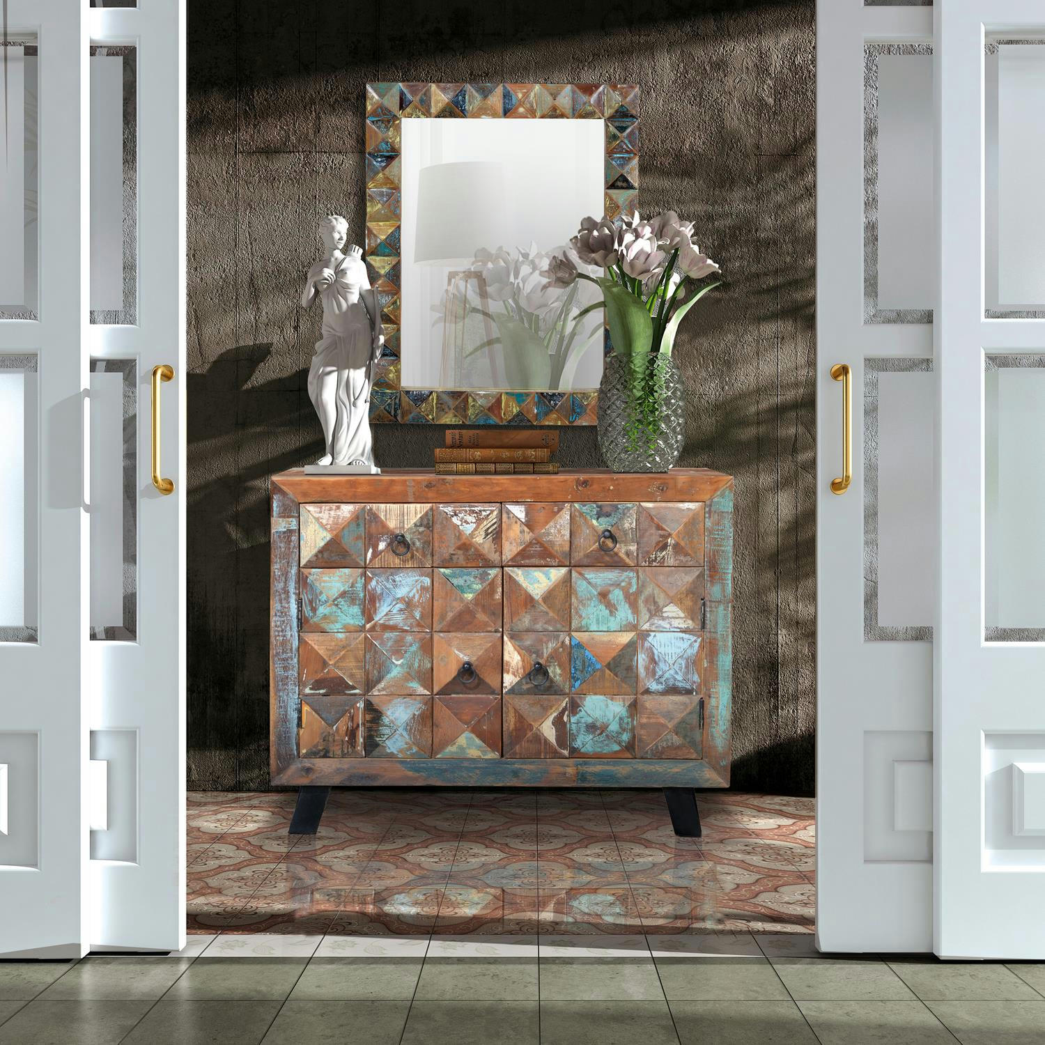 DIAMANTE RECICLADO - Commode en bois recyclé multicolore