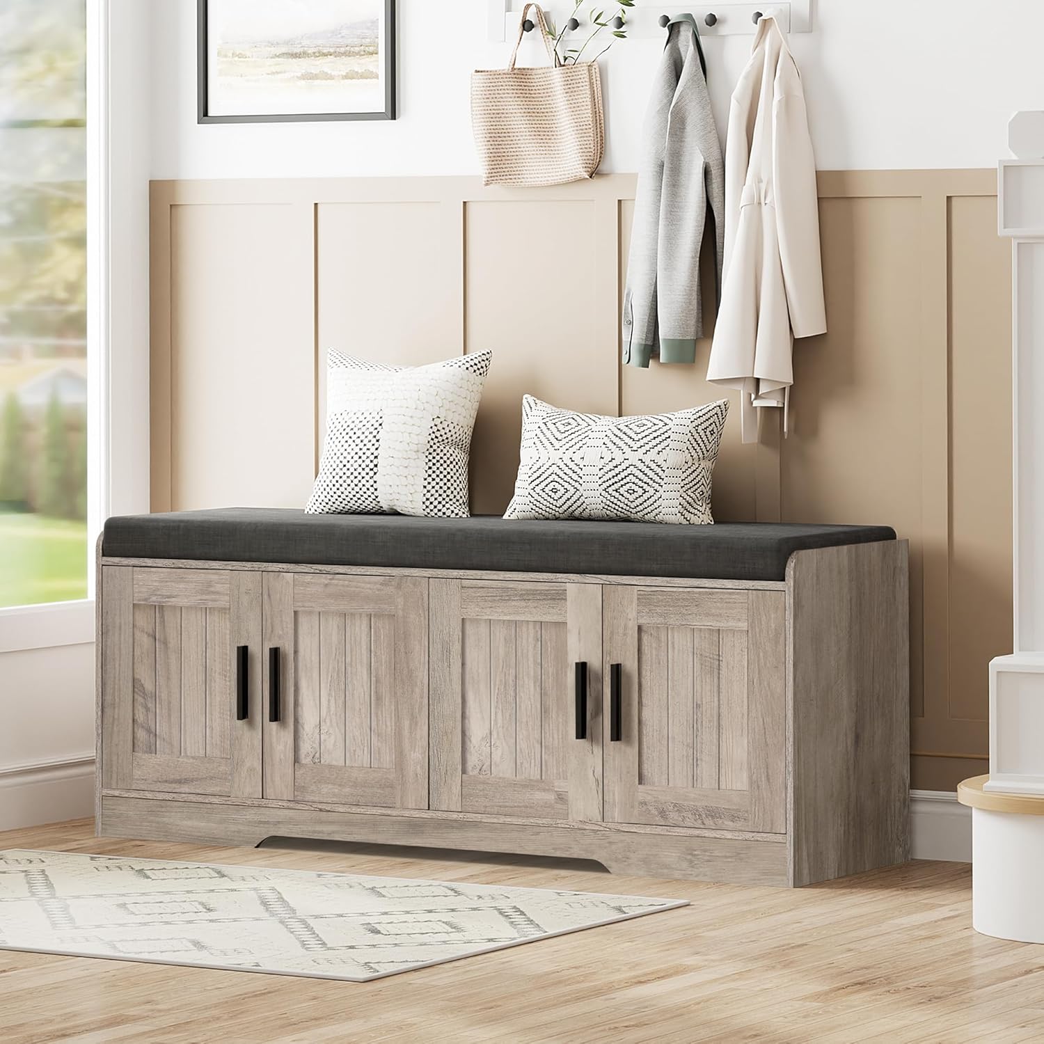 Homleke 2-Tier Storage Bench, Shoe Bench with Thickened Padded Seat Cushion, Entryway Bench with 4 Doors, Adjustable Shelf, 13.8 D x 45.3 W x 18.5 H, for Entryway, Living Room, Bedroom, Greige