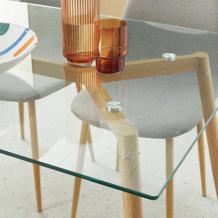 Habitat Beni Glass Oak Dining Table & 4 Grey Chairs