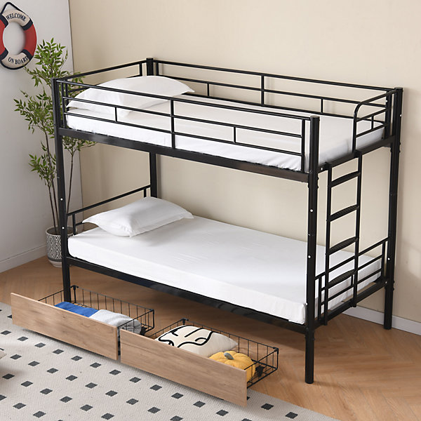 Lit superposé 90x190 cm avec tiroirs de rangement et échelle intégrée, structure métal et MDF