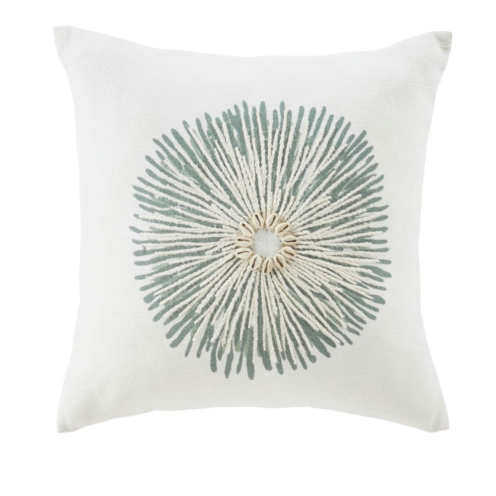 IMATRANA - Coussin en coton écru avec broderies vertes 45x45