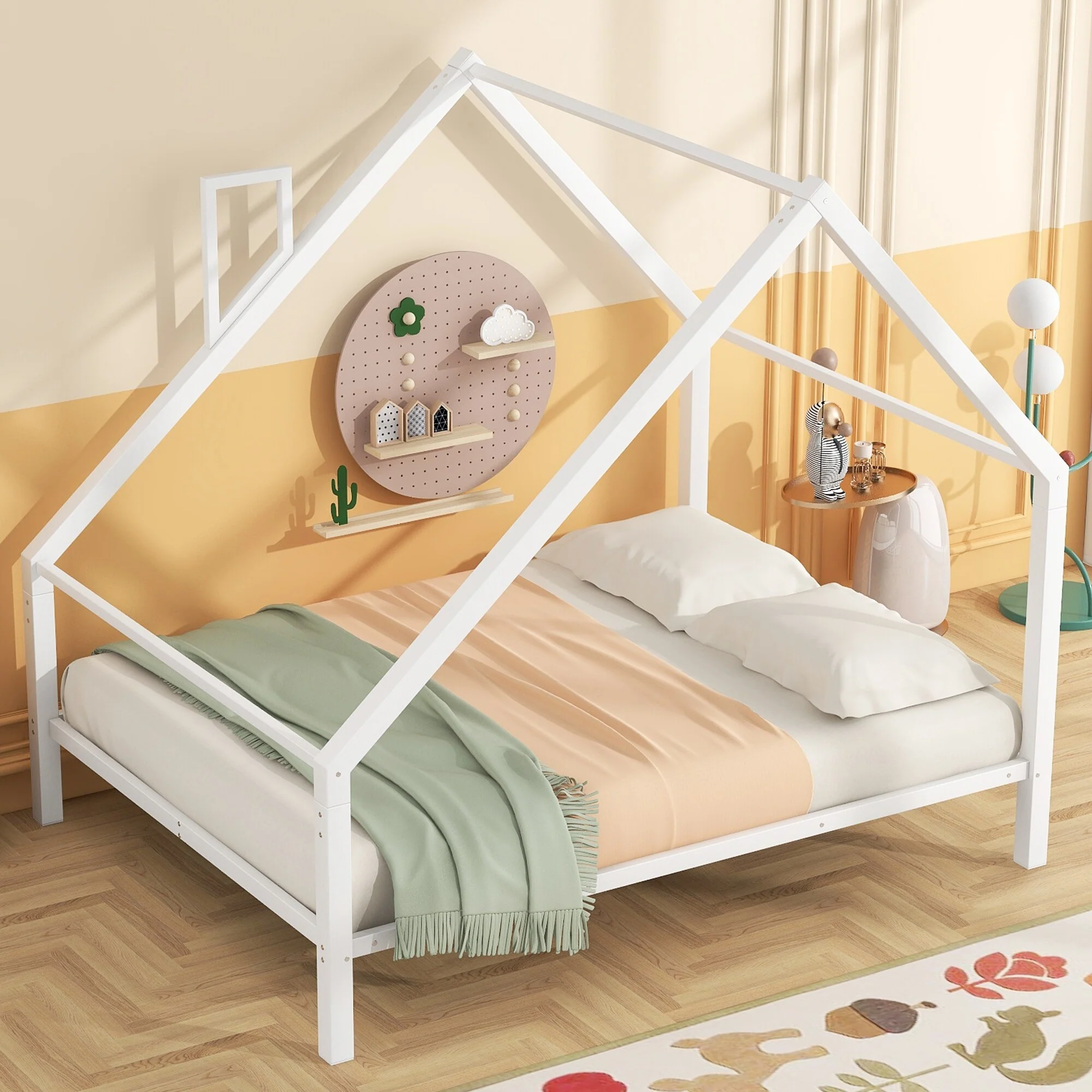 Full Size Metal House Platform Bed with Roof