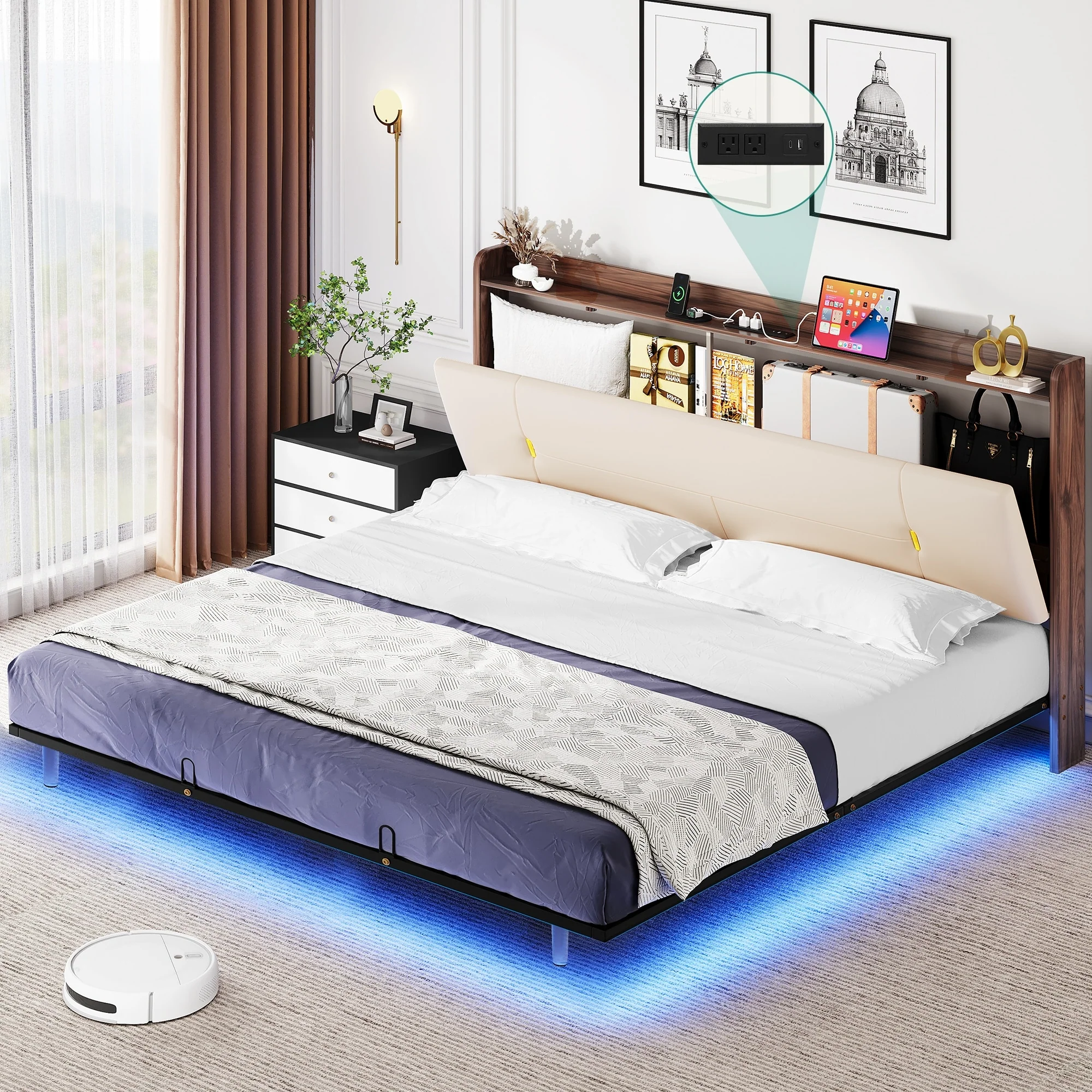 Moasis Floating Bed Frame with LED Lights PU Upholstered Platform Bed Frames