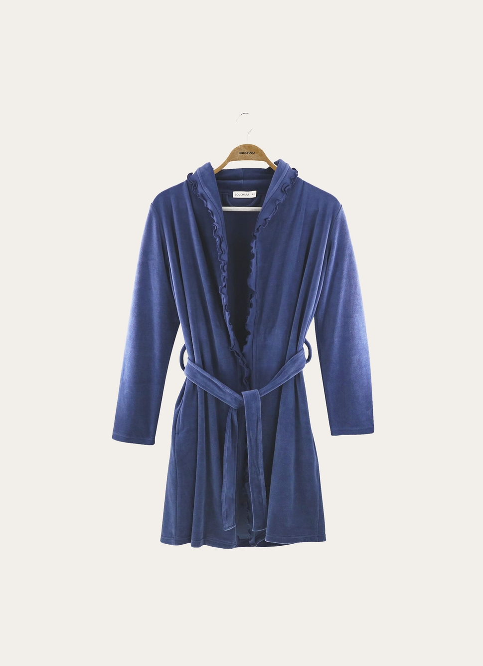 PEIGNOIR COURT EN VELOURS AVEC COL à VOLANTS BLEU
