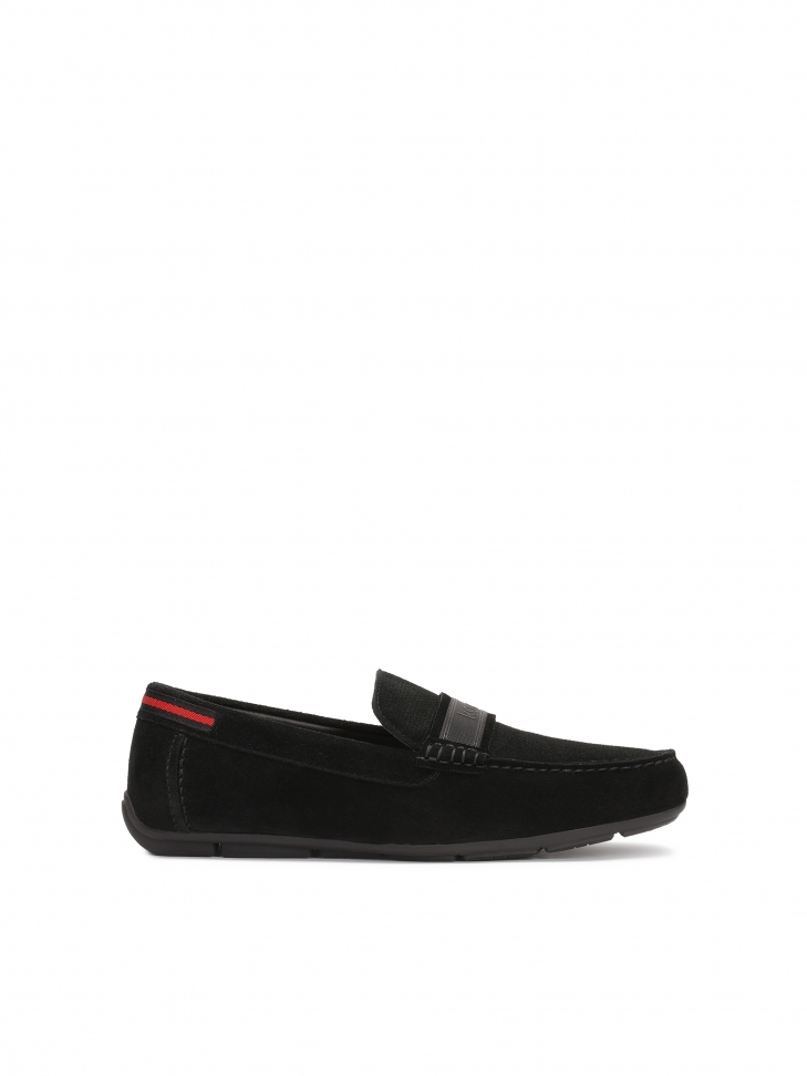 Black suede moccasins embellished with logo ribbon