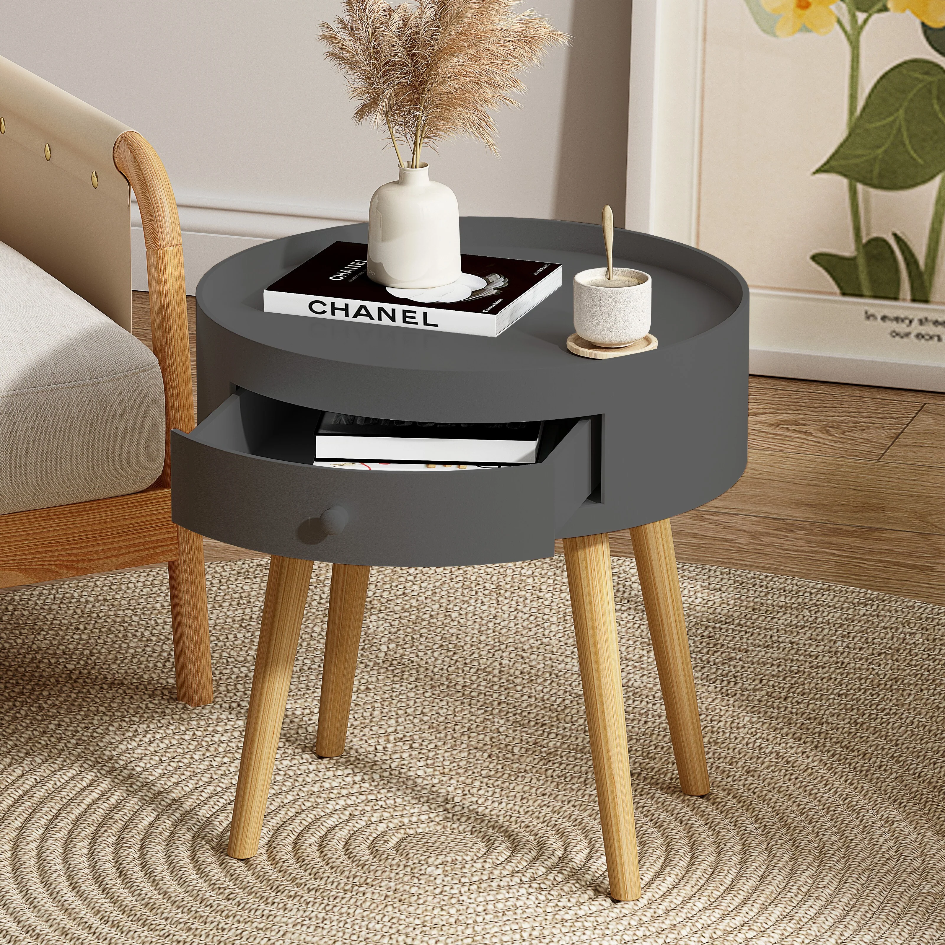Modern Coffee Table with Drawer and Oak Table Legs