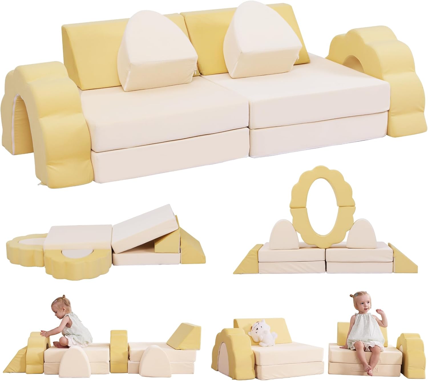 LOAOL Kids Couch 10PCS, Modular Kids Play Couch, Multifunctional Foam Toddler Sofa, Imaginative Convertible Play Sofa for Playroom(Medium Size, Yellow+Beige)