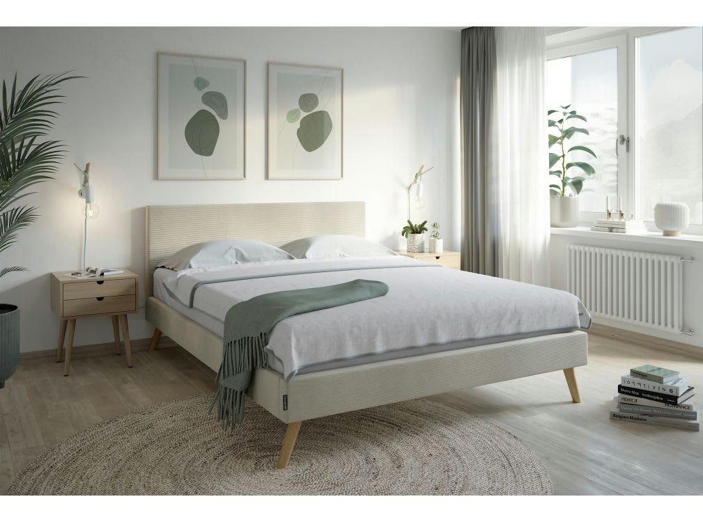 BJORN - Cadre de lit scandinave velours côtelé et pieds bois, Beige, 140x190cm