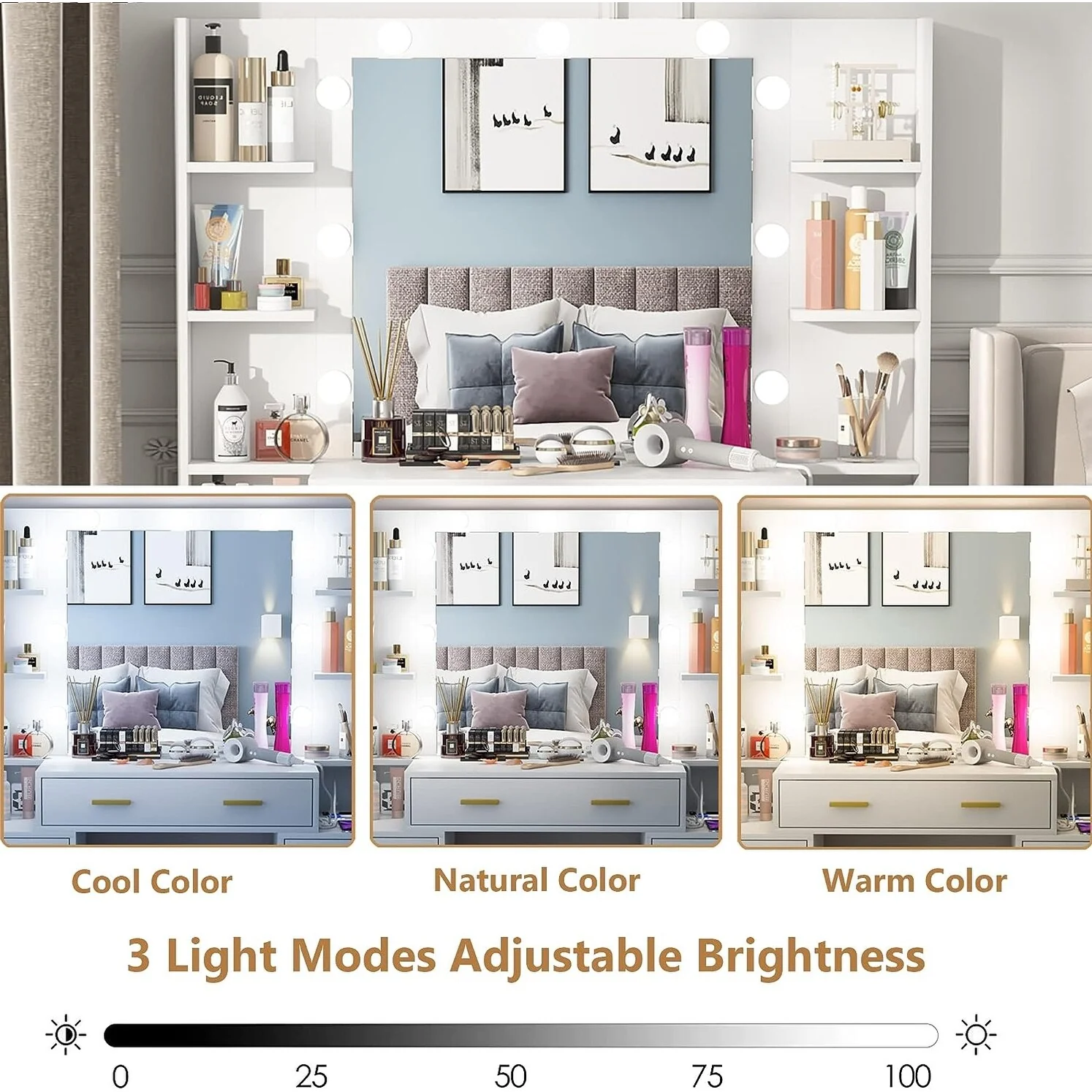 43'' Makeup Vanity with 3 Color Light, Charging Station, Storage Shelves, 7 Drawers