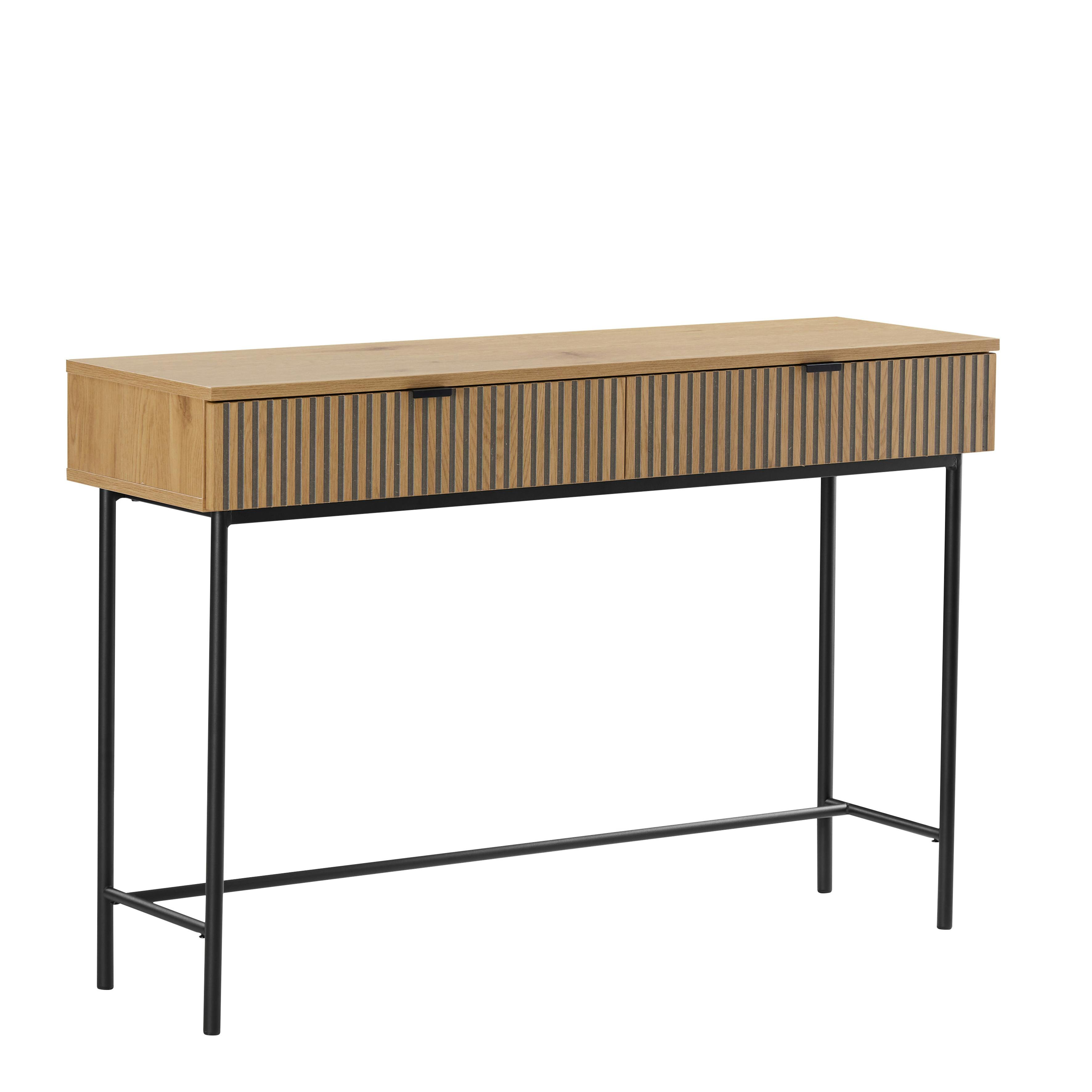 Console 2 tiroirs décor effet bois rainuré noir/naturel OLETTA