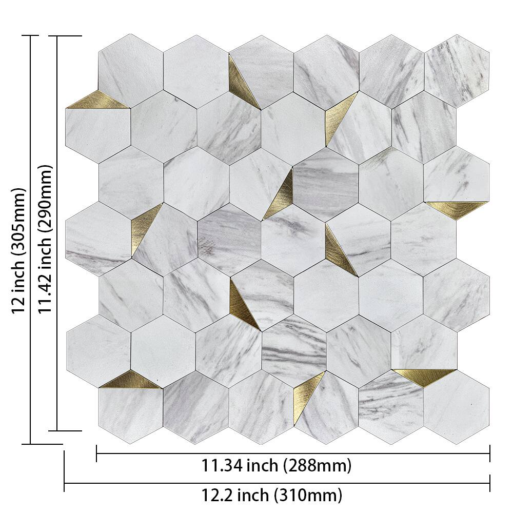 Murella Peel & Stick DIY Backsplash Hexagon Wall Tile, Marble/Gold