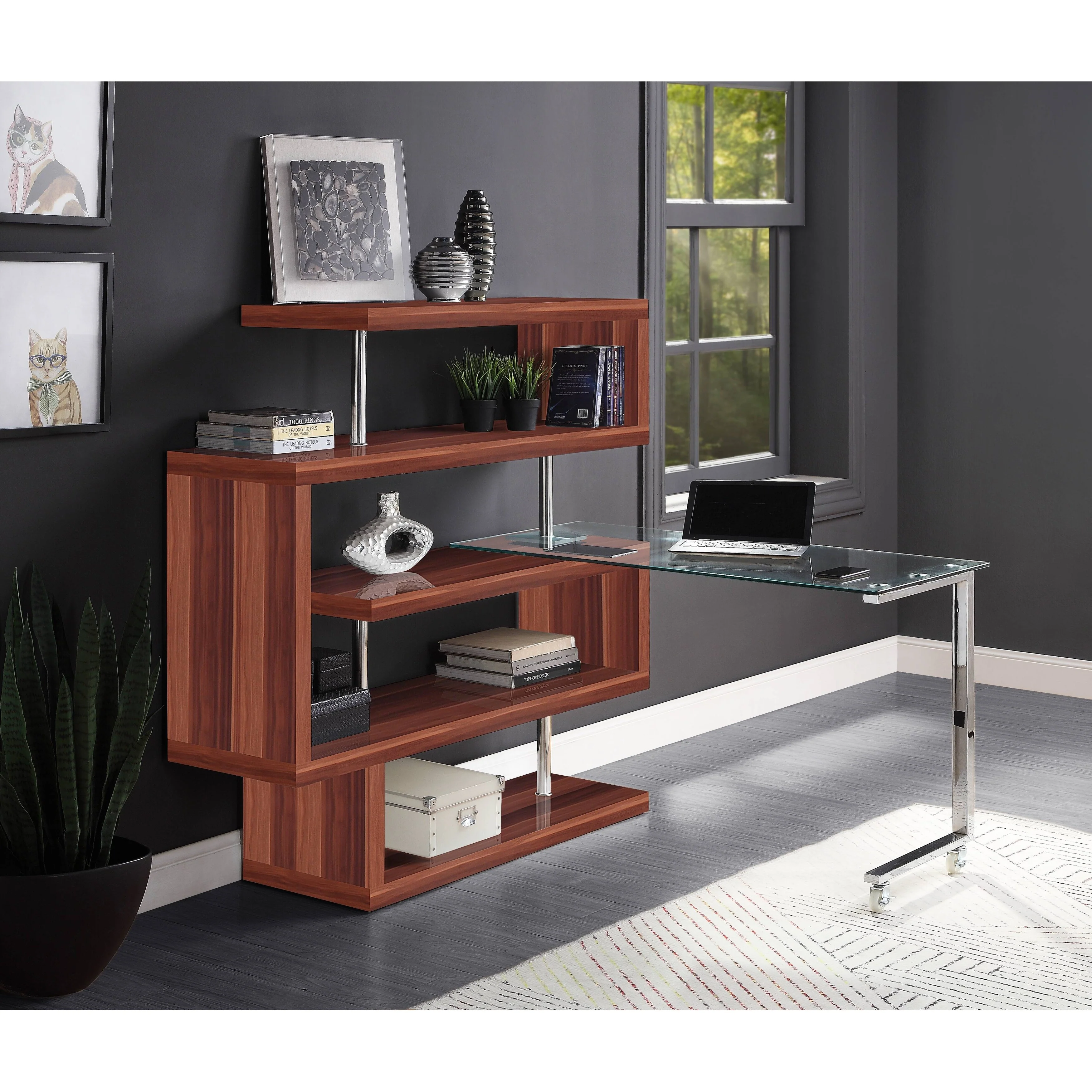 Chrome High Gloss Finish Writing Desk with Shelf