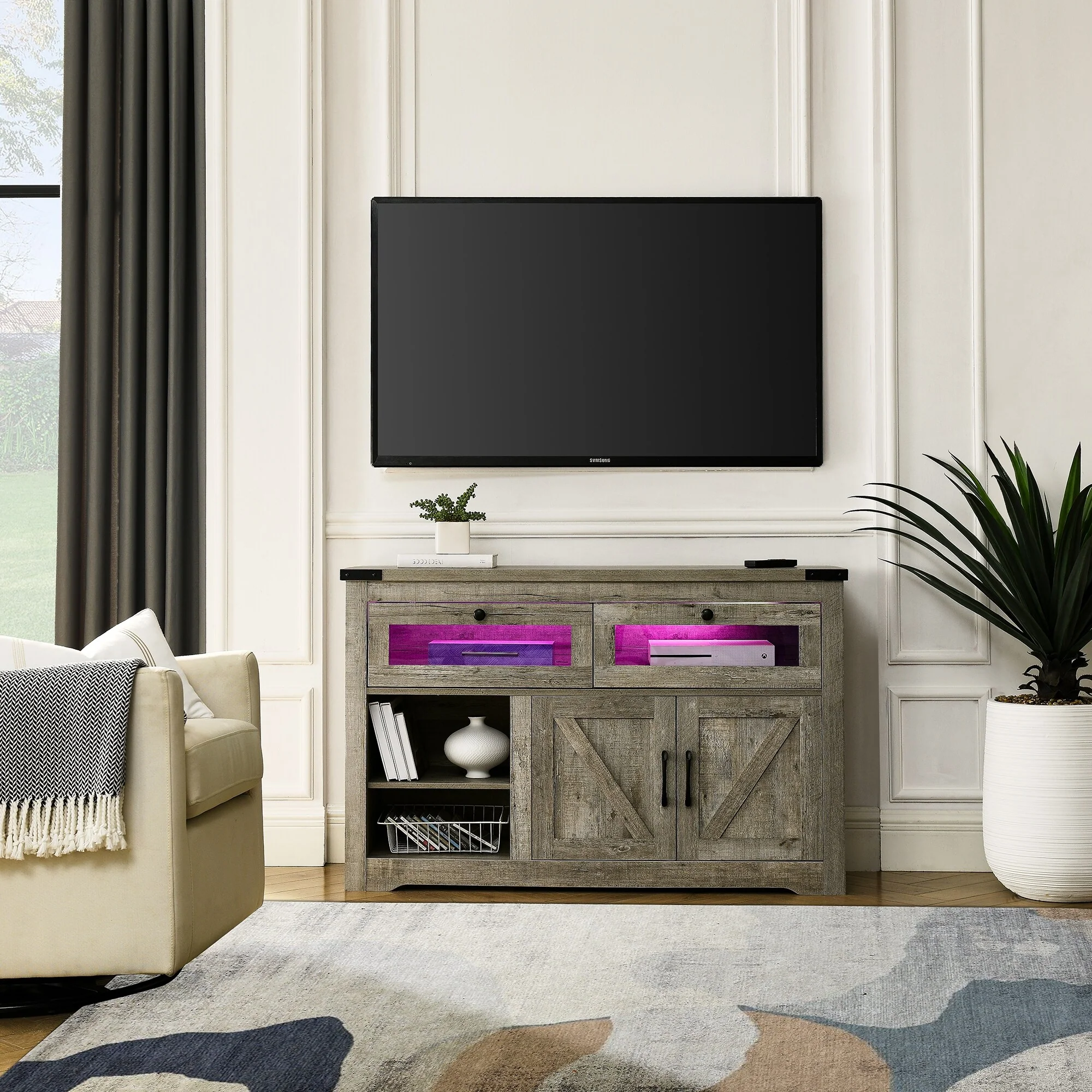 Cement Grey Wood Modern TV Stand Storage Cabinet Kitchen Sideboard LED - 15.55 x 47.24 x 29.33