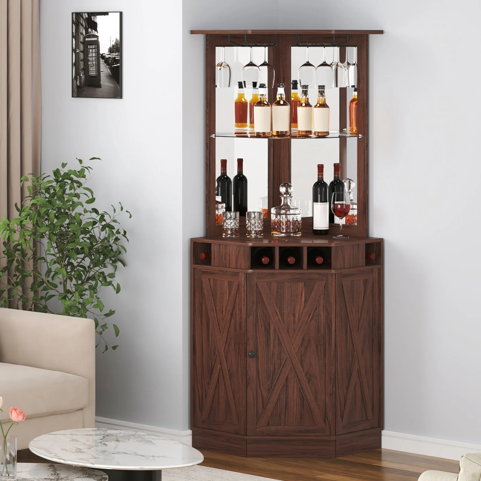 Freestanding Rustic Brown Wine Bar Cabinet for Home Corner 40 Bottle Rack with Glass Holder Shelves - 23.6 x 31.5 x 73.2 inch