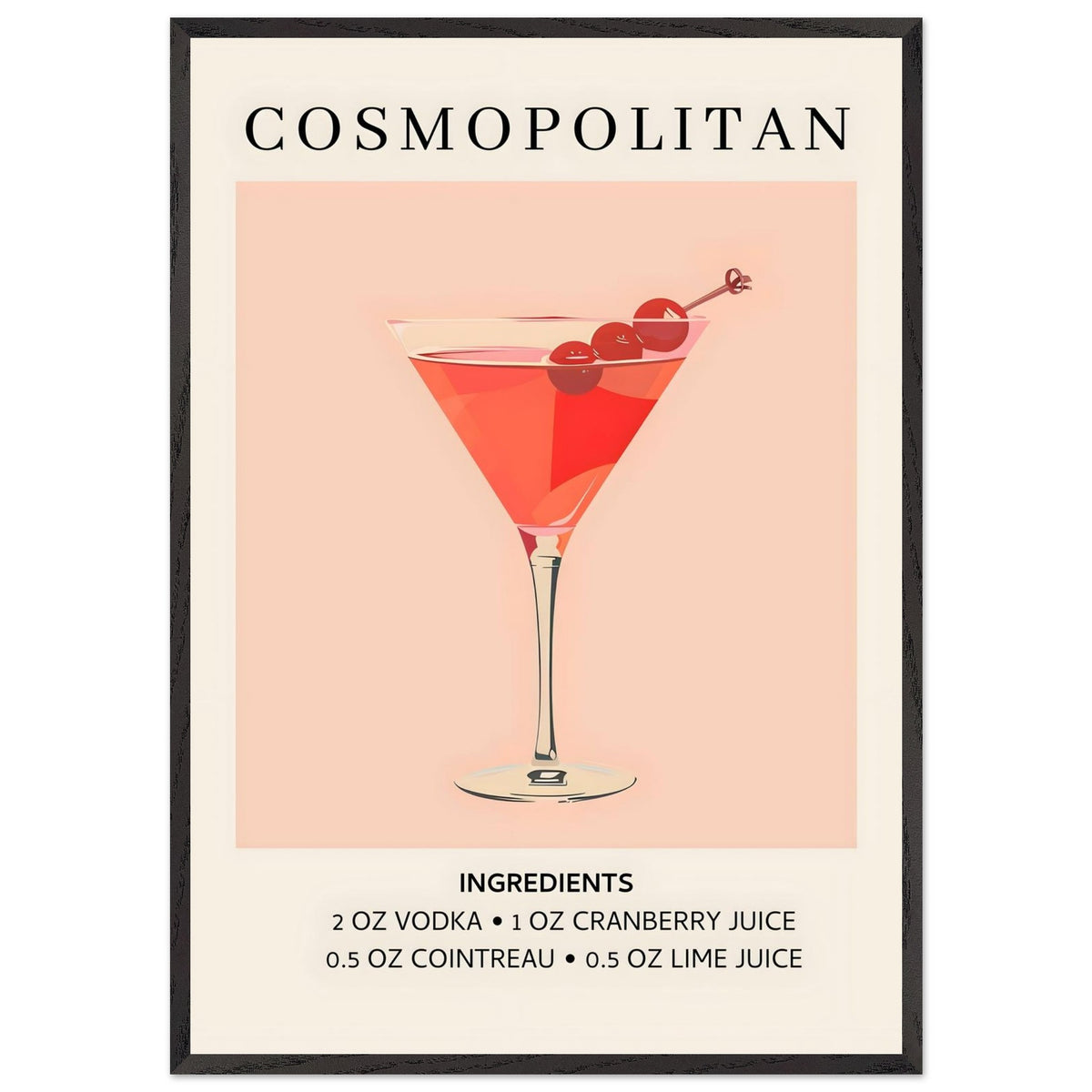 Artfulprints Poster met Lijst Cosmopolitan cocktail - Ingrediënten  - 70x100 cm - Roze