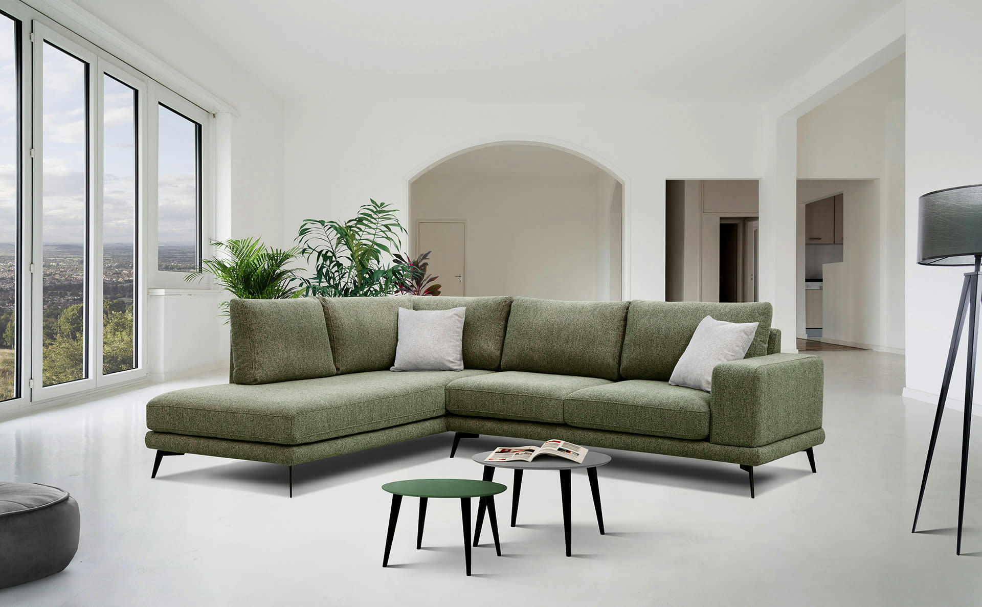 MEDIOLANE - Canapé d'angle gauche 5 places tissu vert