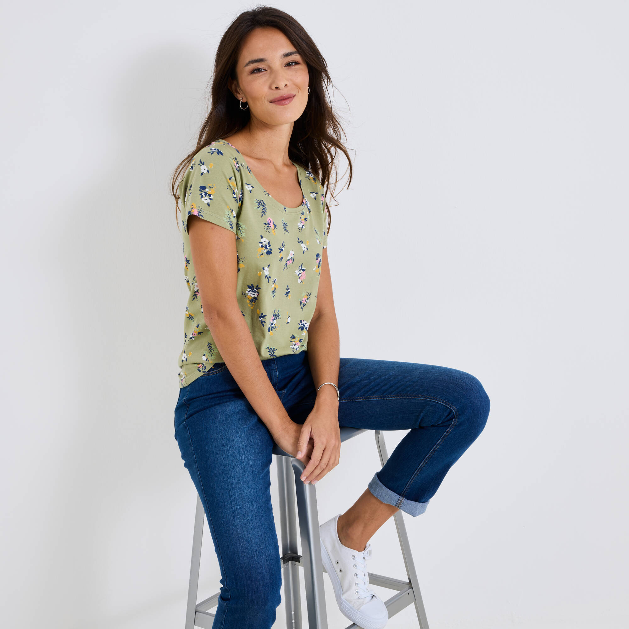T-shirt col rond imprimé fleuri coton