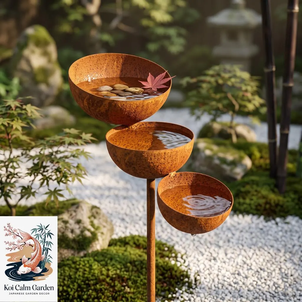 3-Tier Metal Rain Catcher Bird Bath - Japanese Garden Stake, Rustic Outdoor Bird Water Feeder, Vintage Garden Decor, weathered, rusty corten