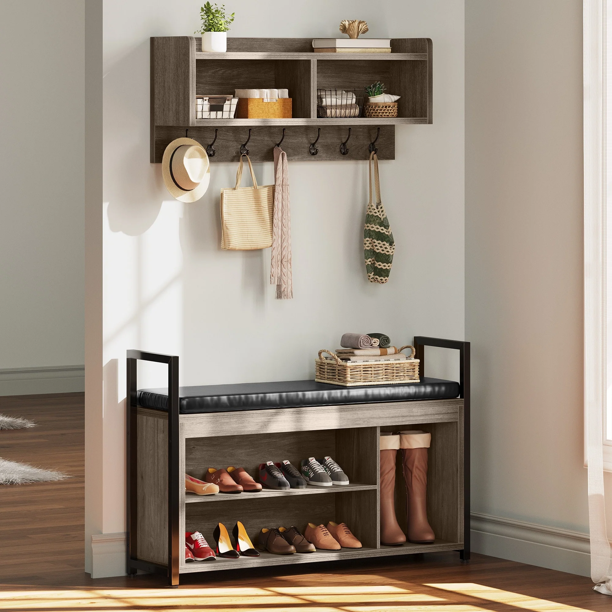 Industrial Coat Rack Shoe Bench Set Wall Coat Rack with Shoe Storage