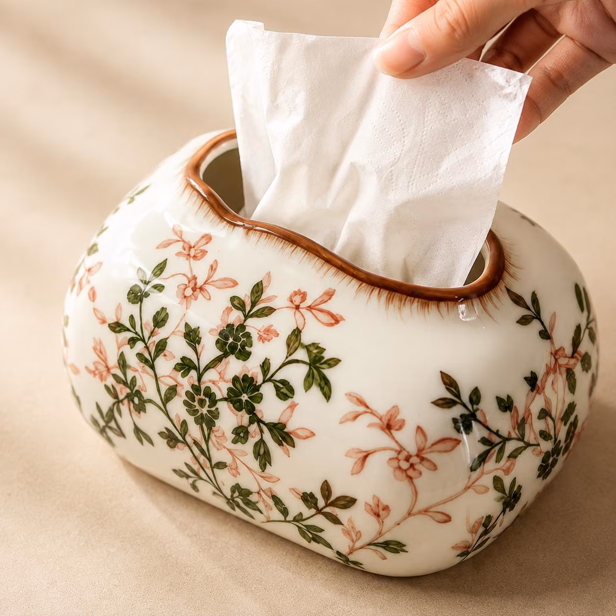 Floral CeramicTissue Box Cover, HandmadePorcelainTissue Holder, VintageBotanical Home Decor, ElegantBathroom VanityDecor, Living Room Accent