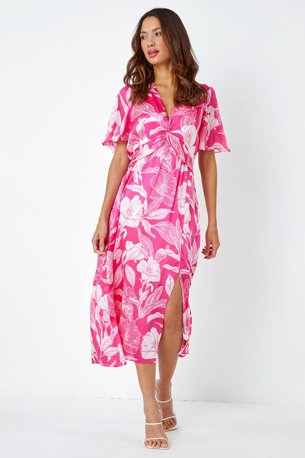 Roman Floral Print Chiffon Twist Front Midi Dress
