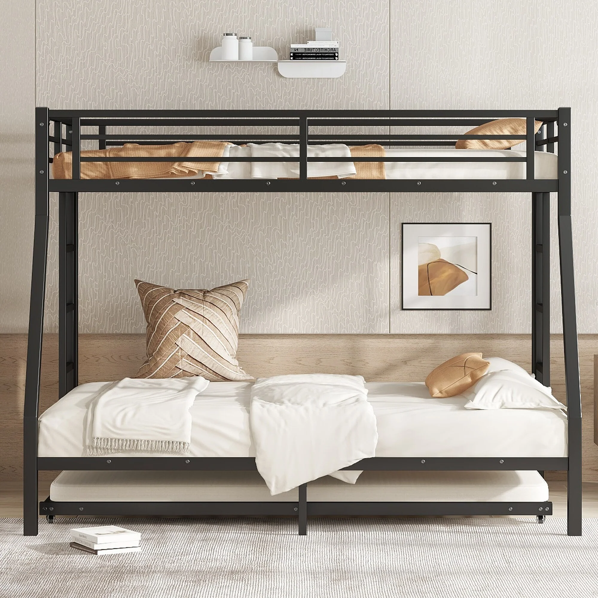 Twin over Full Metal Bunk Bed with Twin Size Trundle, Black