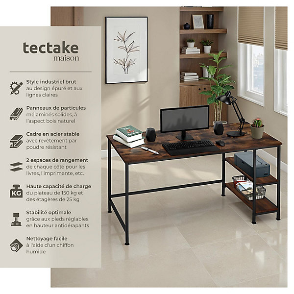 Bureau Style industriel étagère latérale avec 2 compartiments de stockage