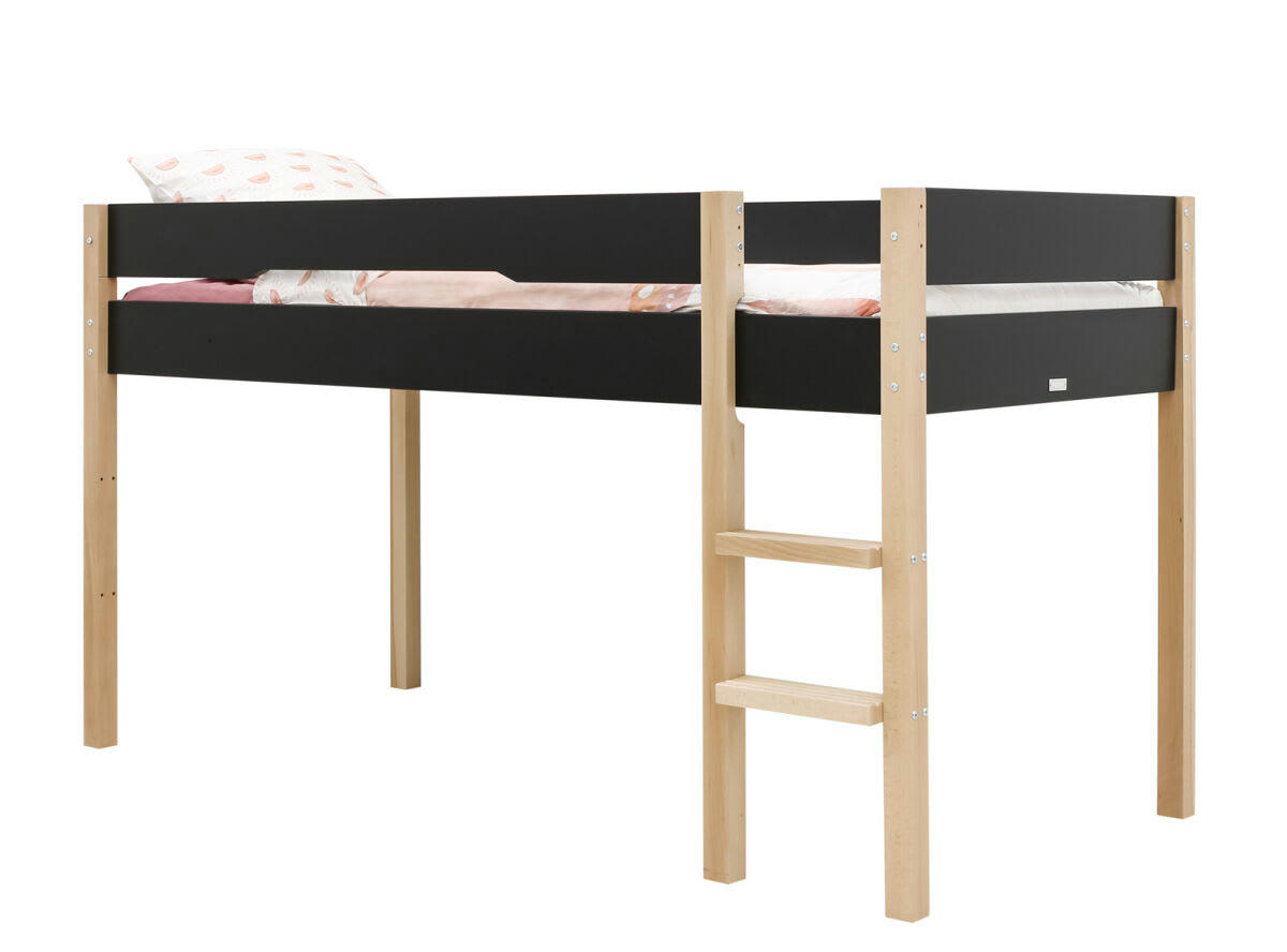 LUCAS - Lit mezzanine mi-hauteur 90x200 en MDF et hêtre noir mat