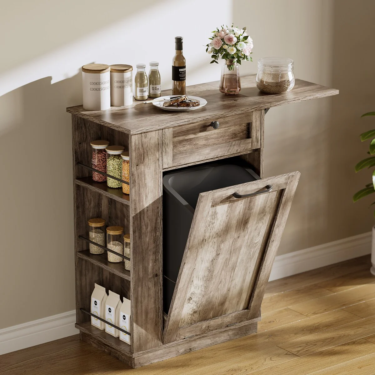 Moasis Tilt Out Trash Can Cabinet with Storage Drawer & Drop Leaf